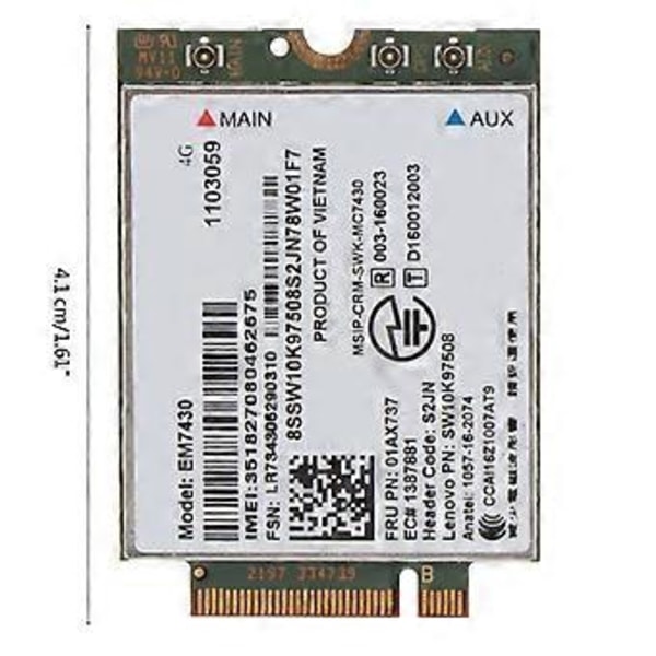 EM7430 FDD/TDD LTE 4G Modul WCDMA GNSS 4G-kort för Thinkpad X1C Gen5 Notebook T470S Lt 10 Tablet Laptop