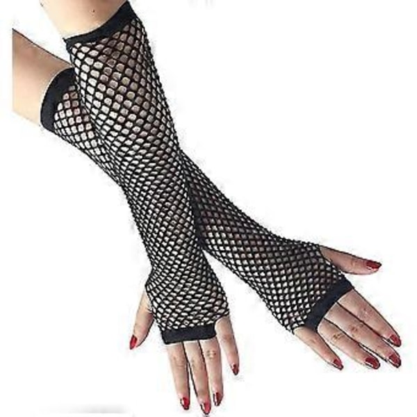 Nätvantar, svarta långa nätvantar festtillbehör svart nylon fingerlösa