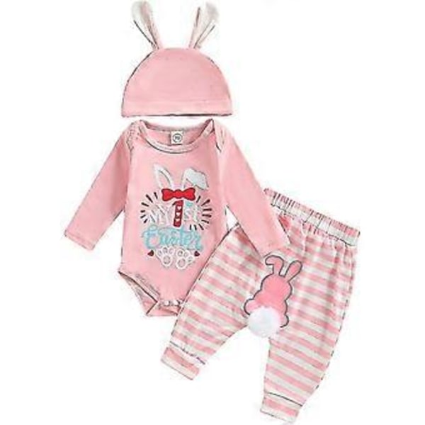 Nyfödd Baby Pojkar Flickor Min 1:a Första Påsk Kläder Set Outfit Långärmad Kanin Romper Topp Randiga Långbyxor 3D Kanin Öron Hatt Baby Påsk Present SHZN