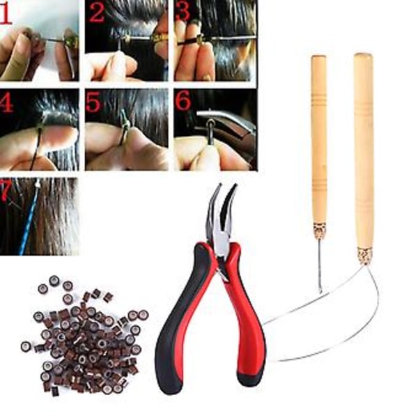 100 st Silikonpärlor Hårförlängning Micro Rings Krok Nål Dragögla Tång Verktygssats