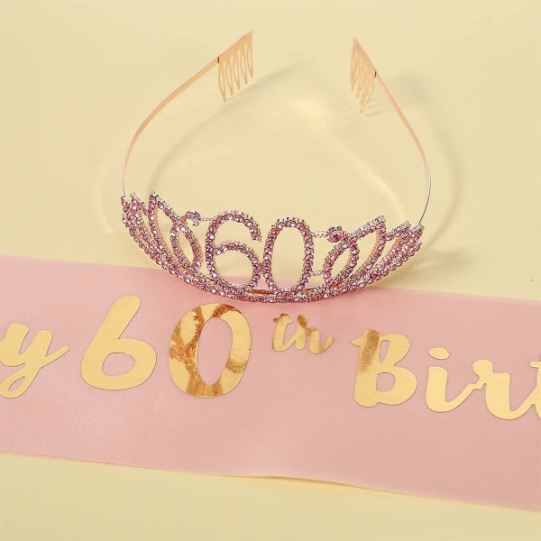 Rose Gold 60-årsdag Sash och 60-årsdag Tiara Rhinestone Crown Hårband