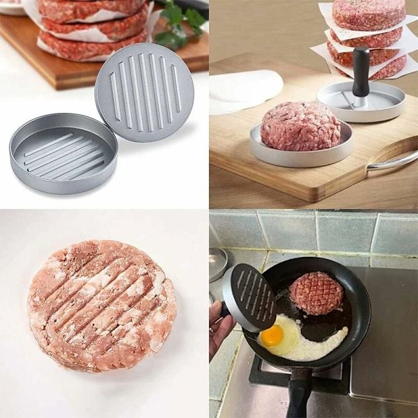 Burger-painin, pihvipainin, pihvimuotti, valmistettu painevaletusta ja pinnoitetusta alumiinista, elintarviketurvallisella ja tarttumattomalla materiaalilla