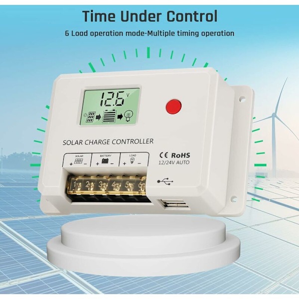 PWM-lataussäädin 10A aurinkopaneelin lataussäädin Automaattinen tunnistus 12v/24v LCD-näytöllä ja 5v USB-portilla AGM-, geeli-, tulva- ja litium-