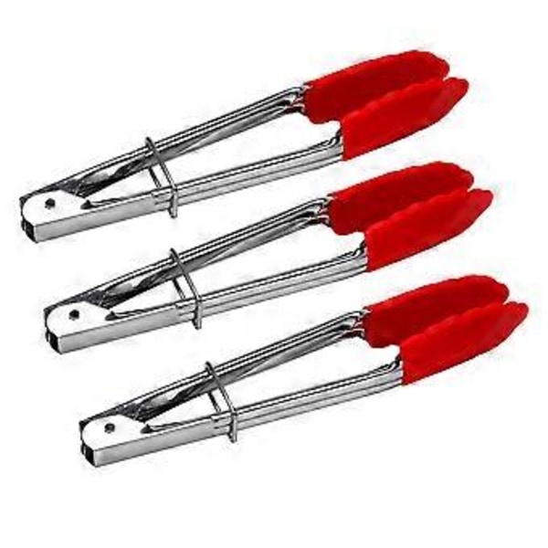 Små Tänger Med Silikonspetsar 18 cm Kökstänger Set Om 3 - Perfekt För Servering av Mat, Matlagning, Sallad, Grillning Röd