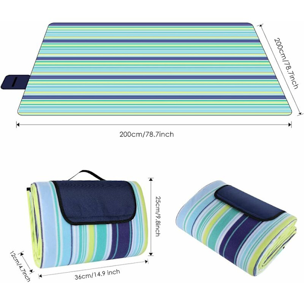 200 x 200 cm Suuri Piknik-Peitto Vedenpitävä Hiekankestävä, 3-Kerroksinen Rantamatto Kantokahvalla, Ulkoilma Piknik-Matto (Siniset Pystyraidat)