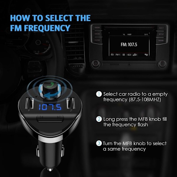 Bluetooth FM-sender, bilradioadapter, håndfrit bilsæt, MP3-afspiller med mikrofon, trådløs billader med 2 USB-porte 5V/2.1A og 1A, Ha