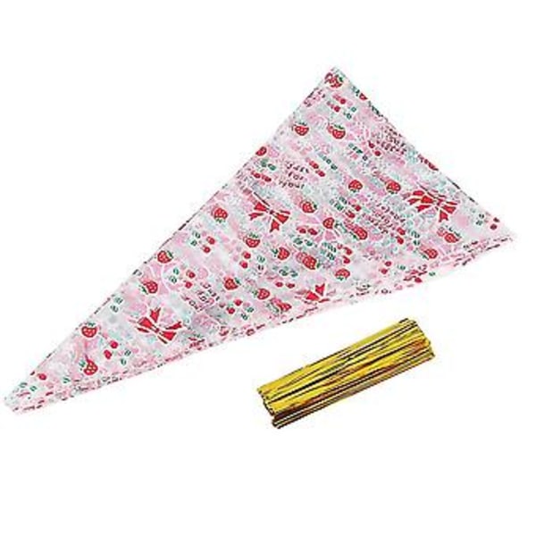 50 klare kjegleformede godteposer for popcorn, cellofan godteposer med twist-strips, kirsebær