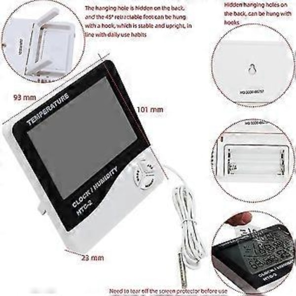 Htc-2 Inomhus Utomhus Hygrometer Digital Temperatur Luftfuktighetsmätare Termometer Väderstation Klocka Alarm Väggsensor Sond