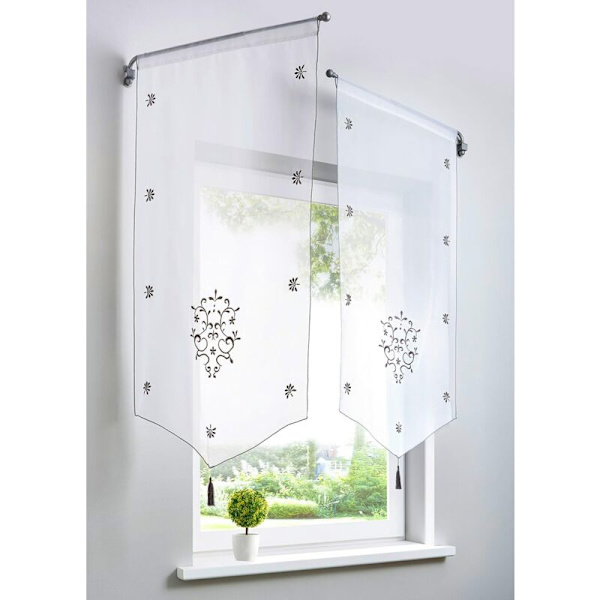 1 st transparent gardin i polyester, blomsterbroderi med pompom, korta gardiner, fönsterdekoration, sovrum/badrum/kafé/kök (LxH/60x120cm,