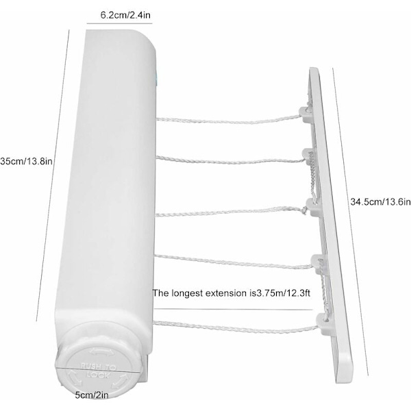 Inntrekkbar klesvaskesnor, bærbar, innendørs og utendørs, plast, klesvaskesnor, veggmontert, kompakt klesvaskesnor (5 linjer)
