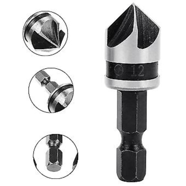 3 st 1/4\" Hex Hcs Fasfräs 5 Flöjter Borr Fasbitar Försänkare Diskbänk Försänkare 12mm/16mm/19mm För Trä Metall