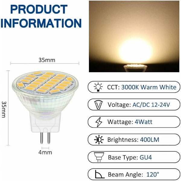 MR11 GU4 12V LED 4W Varm Hvid 3000K, 350LM, 120° 35mm MR11 35W Halogen Equivalent, AC DC 24V 12V GU4 Indbygget LED Spot til Camper Køkken Møbler