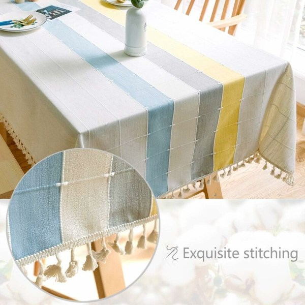 Bomull och linne rektangulär bordsduk massiv pläd broderi tofs bomull linne cover för kök matbord dekoration (140x300)