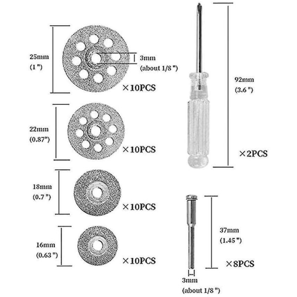 40 stk diamantskjæreskive sett 545 kuttede skiver belagt kompatibel med roterende verktøy med 8 stk 3 mm dorn