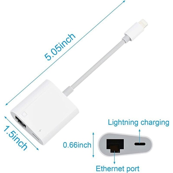 Lyn til RJ45 Ethernet-adapter med lading for iPhone/iPad, Ethernet-telefonadapter, støtter 10/100 Mbps høy hastighet, systemkrav iOS 10.3.3