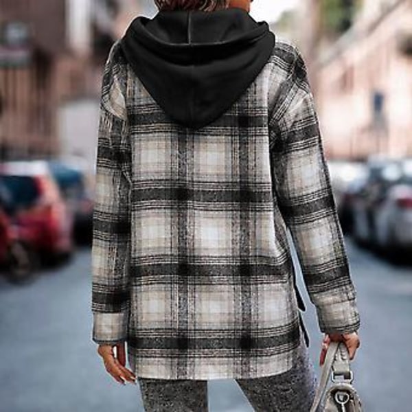 Dame Patchwork Hættetrøje Polyesterfiber Langærmet Åben Kant Pullover Plaid Patchwork Hættetrøjer til Dagligt Arbejde Sort L