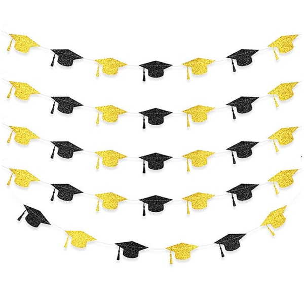 2-sæt gradueringsbanner, guldsort glitter gradueringshættebanner til eksamensfestdekorationer, tillykke gradueringsfestartikler