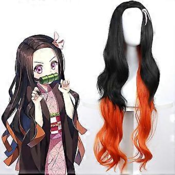 Demon Slayer Kamado Nezuko Oransje Og Svart Cosplay Syntetisk Parykk For Anime Lange Bølgete Parykker