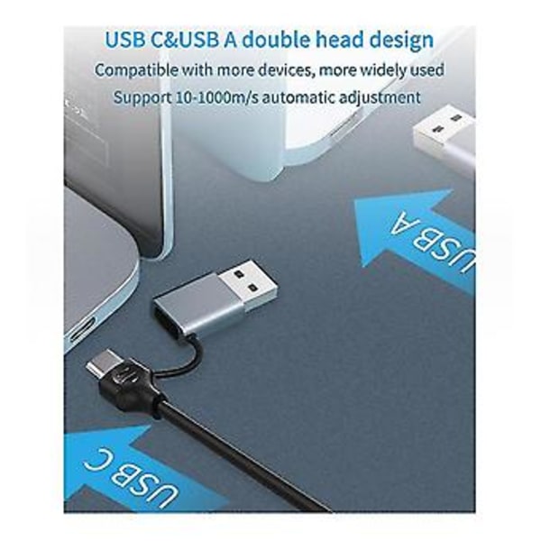 Usb A/usb C Dobbel Kontakt Nettverksadapter For Laptop, 1000mbps