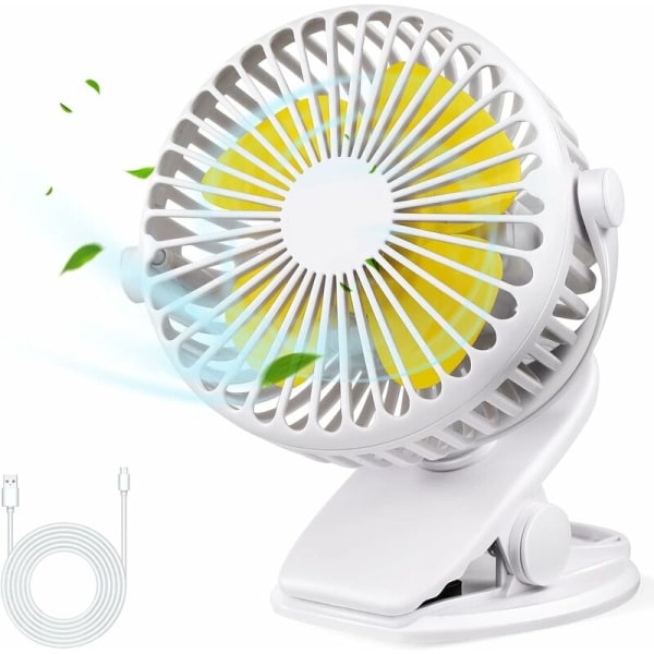 Stille USB-ventilator, bærbar USB-bordventilator med genopladeligt batteri, 3 hastigheder 360° roterende køleventilator til barnevogn, bil