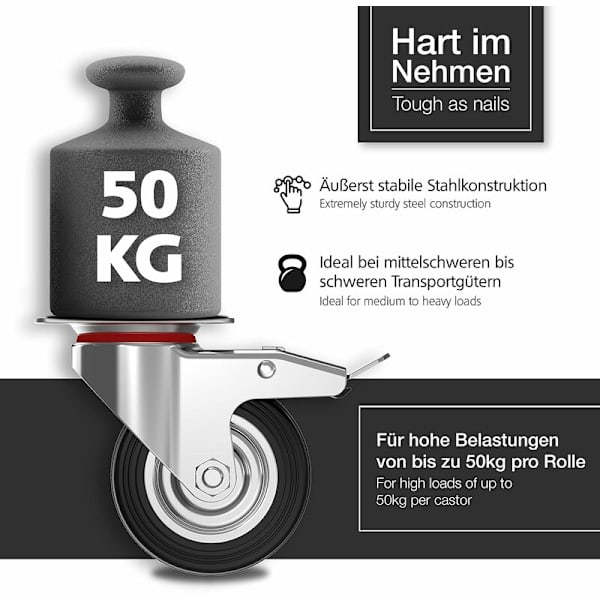 Sats med 4 tunga hjul 75 mm - Vridbara hjul med broms upp till 50 kg per hjul - Massiva gummihjul för inomhus- och utomhusbruk