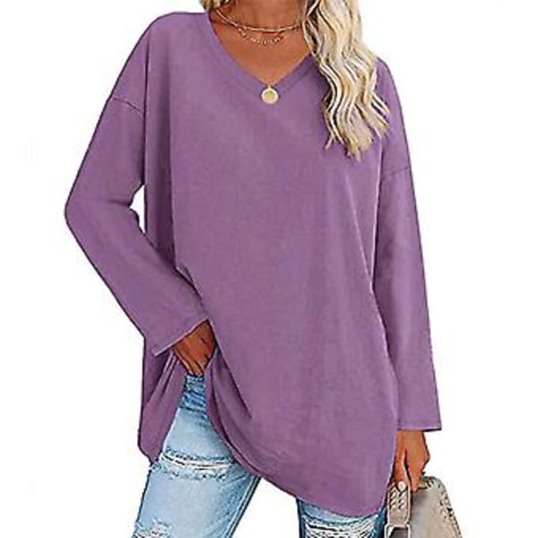 Dame Bluse Langermet Skjorte Ensfarget Pullover V-hals Løs Kant Casual Design Lilla XL