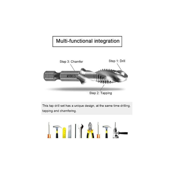 Borrtapp, metrisk gängtappset M3 M4 M5 M6 M8 M10 Titanbelagda HSS borr- och gängtappset 1/4\"
