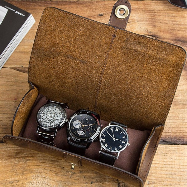 Kontakter Familie 3 Slot Watch Roll Display Opbevaringsboks,retro Cow Leather Travel Watch Case, håndled Je