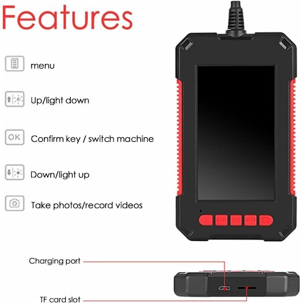 Industriel endoskop, 1080P HD digitalt inspektionskamera, 4,3\" skærm, 5,5 mm vandtæt slangekamera, med 6 LED-lys, 2600 mAh batteri, 10 m semi-R