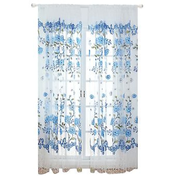 100 x 200 cm Blomsterprint Tyndt Tørklæde Transparent Gardiner Voile Vinduespaneler Blå