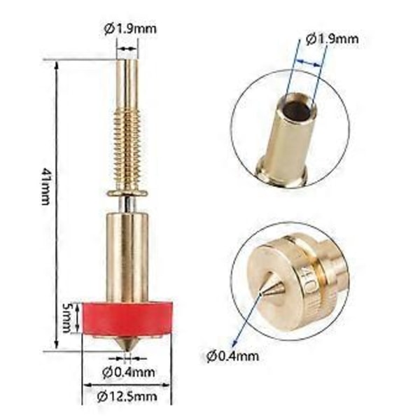 4st Mässing Titanium Munstycke 0.25/0.4/0.6/0.8mm Heatbreak Mässing Titanium Munstycke för Hotend Extruder