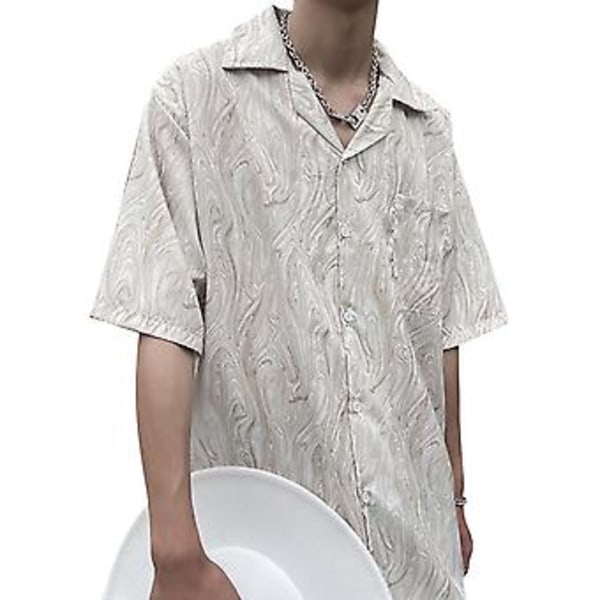 Sommerskjorte til mænd, polyester, nedadvendt krave, oversized skjorte, komfortabel løs halværmet top, abrikosfarvet XL