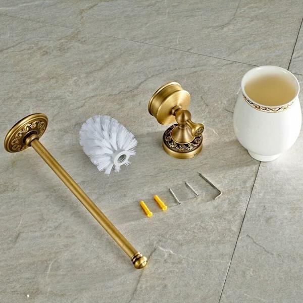 Toiletbørsteholder i keramik, retro messing, til badeværelset (børste inkluderet), antik messing finish, badeværelsestilbehørssæt til vægmontering