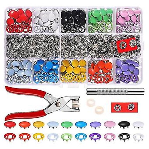 Tångverktyg + 100 Set 10 Färger Metall Syknappar Ihåliga Massiva Stift Tryckknappar Snäppfästen