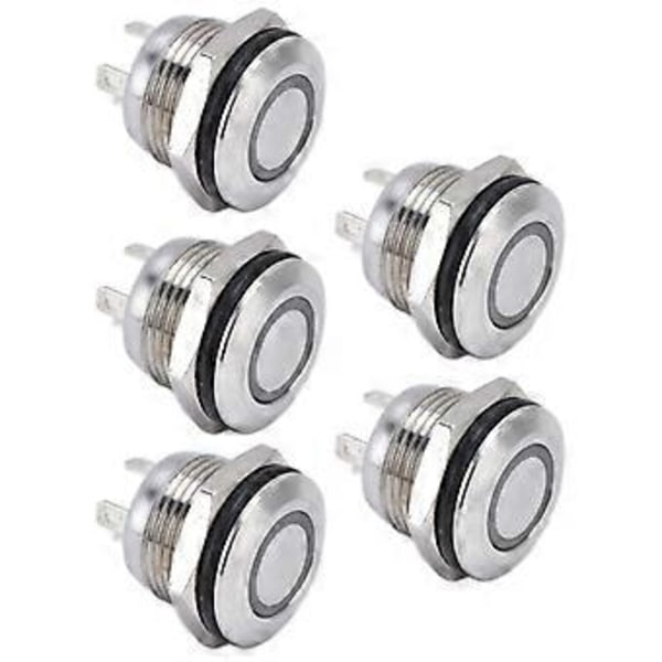 5 stk. Knapkontakt Rustfrit Stål Flad Top Knap med LED Selv Nulstilling Strømtilbehør 12mmDC3‑6V Hvid