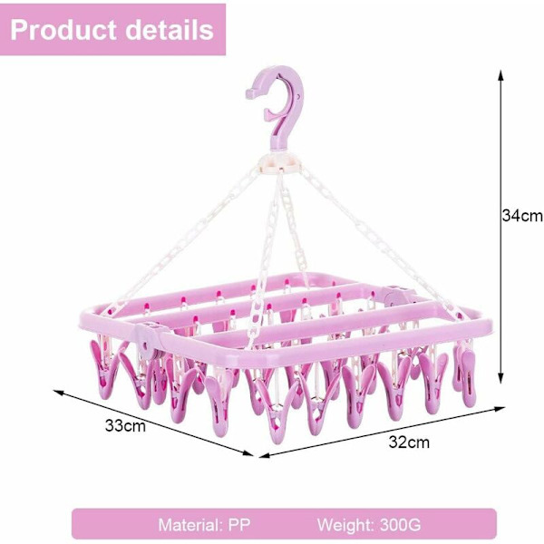 Sock Drying Rack med 32 klämmor Hängande torkställ Kan roteras och vikas 360¡ã Rosa