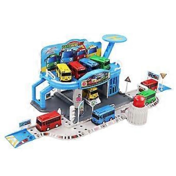 Tegneserier Den Lille Bussen Sett Samlet Busstasjon Parkeringsplass Bil Rullebane Modell med 2 Mini Busser