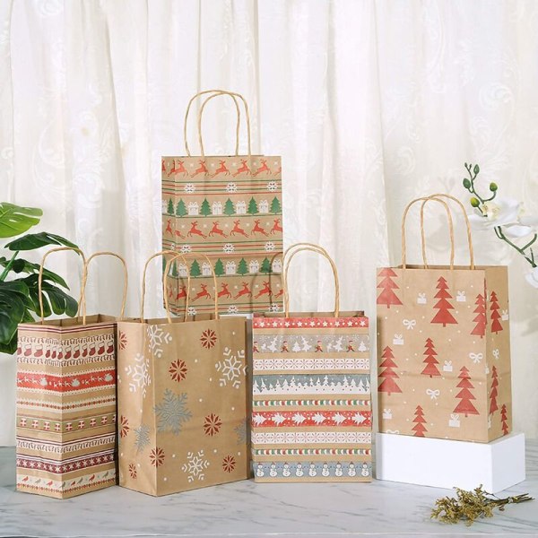 Kraft julklappspåsar 20 olika stilpåsar julpapperspåsar med handtag julklappspåsar med jultryck för presentpapper