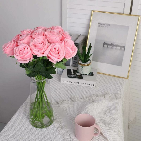 Kunstige silke roser enkelt stilk realistiske falske roser til bryllupsbuket blomsterdekorationer, 10 stk. (Pink)