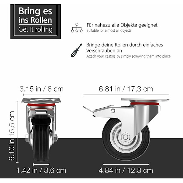 Set med 4 kraftige hjul på 125 mm - Svingbare hjul med brems opptil 100 kg per hjul - Solide gummihjul for industriell bruk innendørs og utendørs