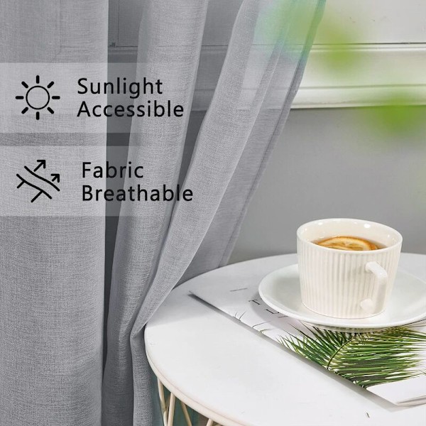 Grå transparent gardin 140x160cm linneeffekt - transparent voile sovrumsgardiner med öljetter halvtransparent för inredning vardagsrum modernt kök gardin