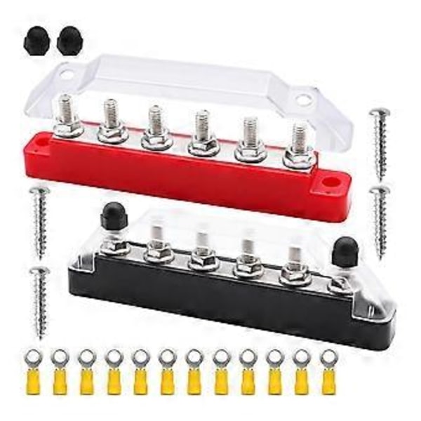 Akkukisko 6 x 1/4 tuuman (M6) liitinpultit 12 V virranjakolohko kannella ja rengasliittimillä, Max 300 V AC