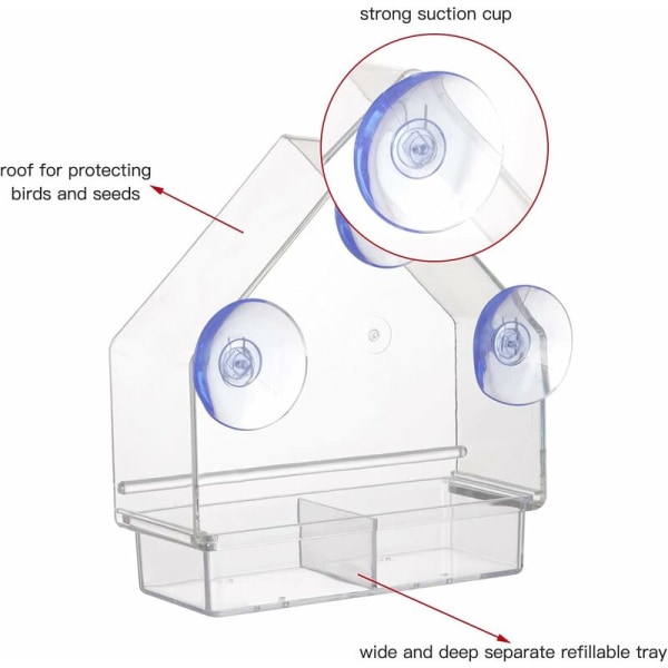 Läpinäkyvä lintujen ruokinta-automaatti, jossa on supervahvat imukupit, irrotettava alusta, ladattava, säänkestävä