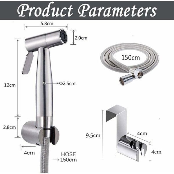 Bidet Toilet Sprayer, Håndholdt Bidet Sprayer til Toilet i Rustfrit Stål Bidet Sprayer Kit, Baby Stofble Sprayer, Nem at Installere, Med 1,5