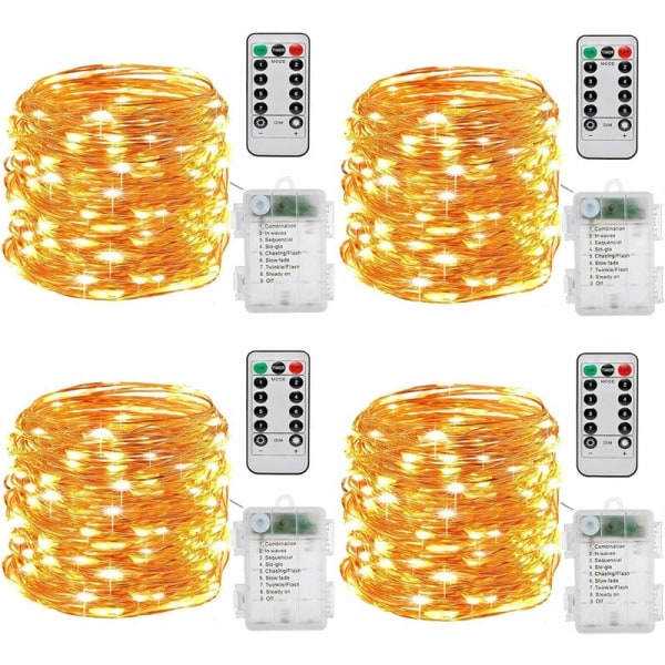 Battery Light Garland, [Set of 4] 10m 100 LEDs Timer Function with IP65 Waterproof Remote Control, Copper Wire with 8 Light Modes for Indoor and Out