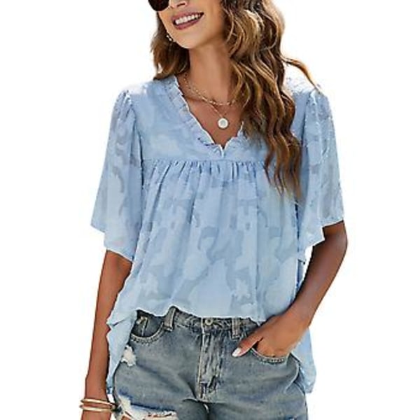 Sommer Jacquard Skjorter Topper Dame Elegant Ren Farge Volang Kant V-hals Klokkeerme Bluse for Dating Blå XXL