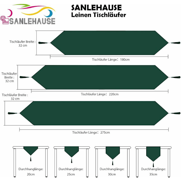 Mørkegrønn linduk 32 x 180 cm, høykvalitets duk, ensfarget duk, moderne, enkel å vedlikeholde for spisebord, salongbord, restauranter