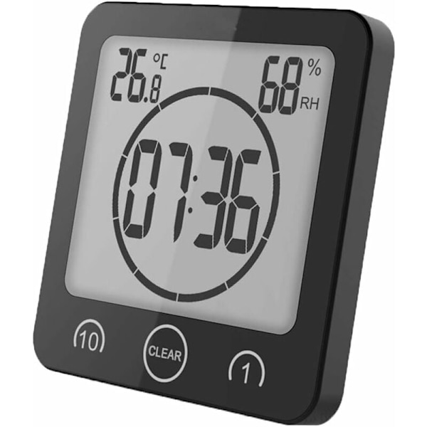 Duschklocka Vattentät, Badrumsklocka Digital Klocka Timer med Sugkopp,Termometer Hygrometer, Nedräkningstimer (Svart)