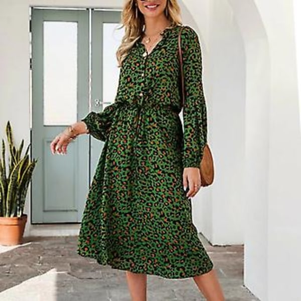 Mekko Leopardiprintti Pystykaulus Kukkaprintti Pitkä Lyhtyhiha Keskipitkä Mekko Naisille Vihreä XL