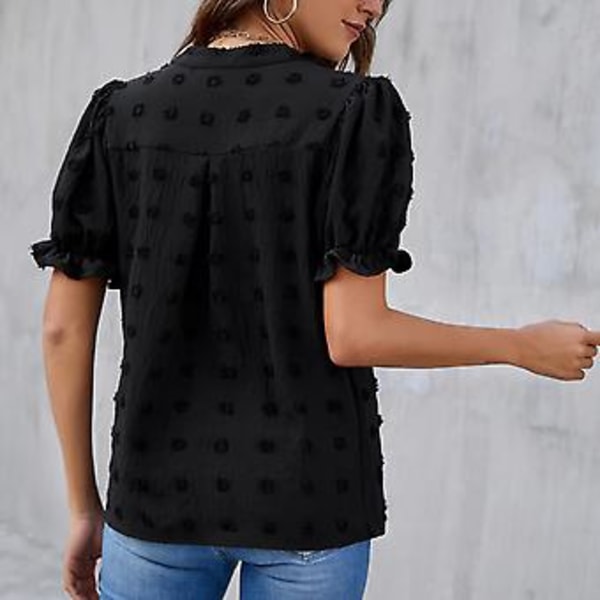 Dame Chiffon Skjorter Casual Sommer Topper Puff Korte Ermer V-hals Sveitsisk Prikk Pom Pom Bluser for Arbeid Reise Fest Svart XXL